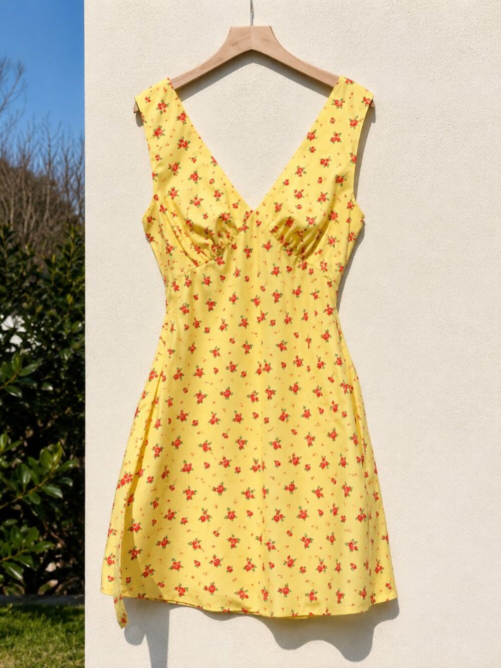 SHEIN Curve 1XL Yellow Floral Midi Dress | Cottagecore Rose Print Tie Waist